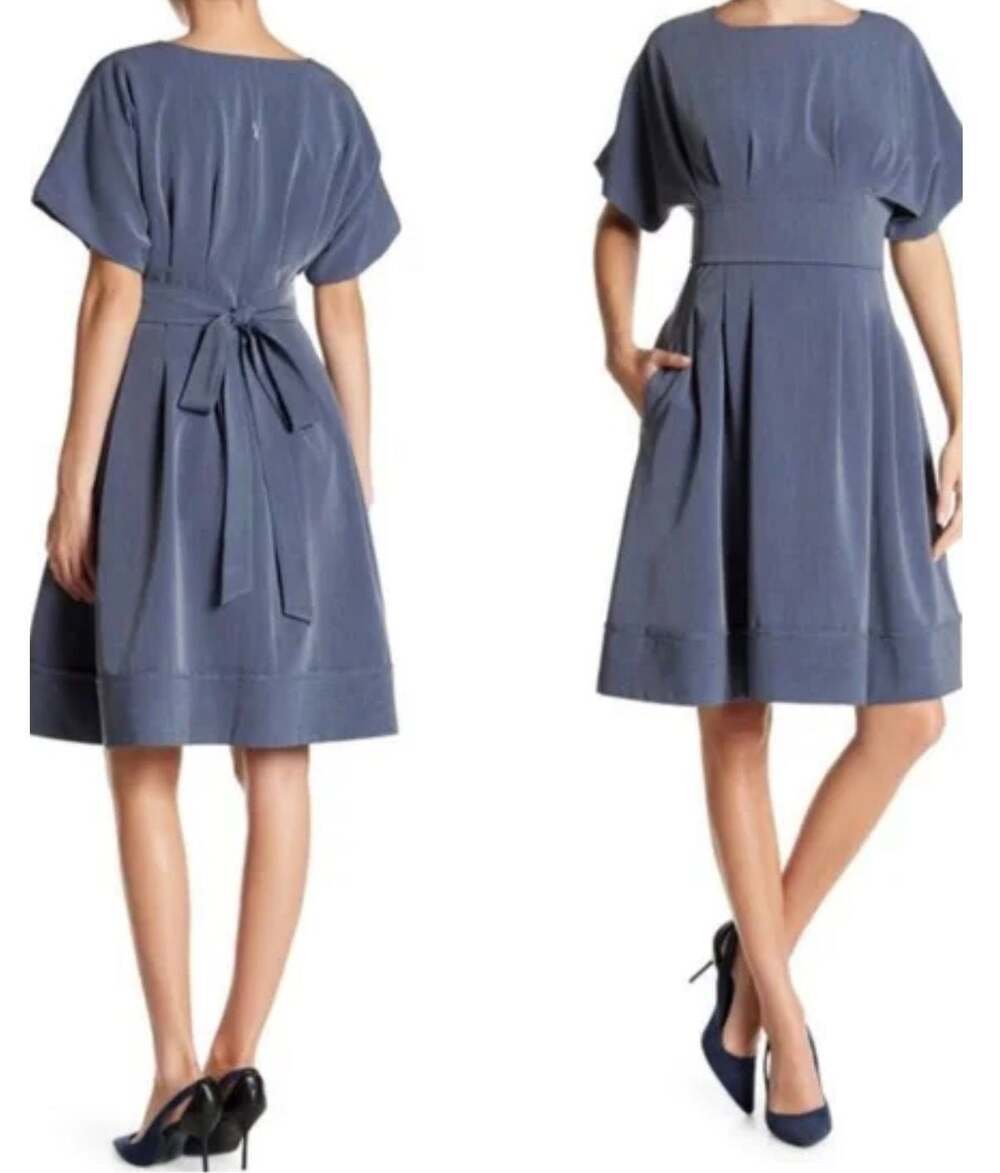 Andrea Crocetta Blue Short Sleeve Tie Waist Pocket Dress Size Small